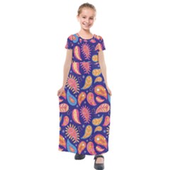 Blue Paisley Print 2 Kids  Short Sleeve Maxi Dress by designsbymallika