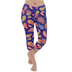 Blue Paisley Print 2 Lightweight Velour Capri Yoga Leggings by designsbymallika