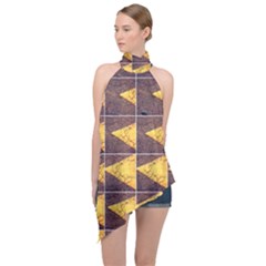 Yellow, Traffic, Cone, Arrow, Cracks, Asphalt  Halter Asymmetric Satin Top by ScottFreeArt