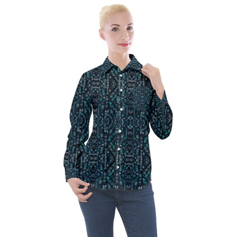 Fancy Stone Mosaic Print Pattern Women s Long Sleeve Pocket Shirt by dflcprintsclothing