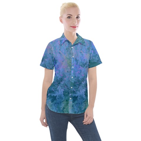 Lilac And Green Abstract Women s Short Sleeve Pocket Shirt by Dazzleway