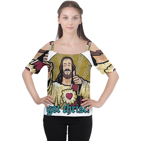 Buddy Christ Cutout Shoulder Tee by Valentinaart