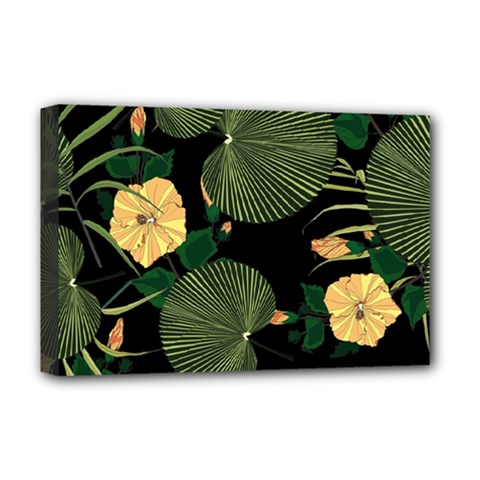 Tropical Vintage Yellow Hibiscus Floral Green Leaves Seamless Pattern Black Background  Deluxe Canvas 18  X 12  (stretched) by Sobalvarro