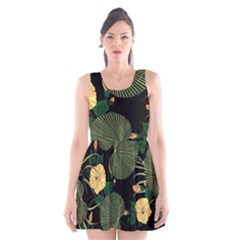 Tropical Vintage Yellow Hibiscus Floral Green Leaves Seamless Pattern Black Background  Scoop Neck Skater Dress by Sobalvarro