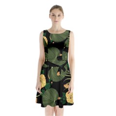 Tropical Vintage Yellow Hibiscus Floral Green Leaves Seamless Pattern Black Background  Sleeveless Waist Tie Chiffon Dress by Sobalvarro