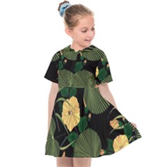 Tropical Vintage Yellow Hibiscus Floral Green Leaves Seamless Pattern Black Background  Kids  Sailor Dress by Sobalvarro