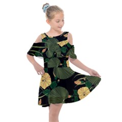 Tropical Vintage Yellow Hibiscus Floral Green Leaves Seamless Pattern Black Background  Kids  Shoulder Cutout Chiffon Dress by Sobalvarro