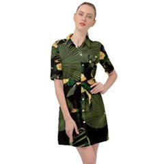 Tropical Vintage Yellow Hibiscus Floral Green Leaves Seamless Pattern Black Background  Belted Shirt Dress by Sobalvarro