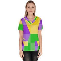 Purple Yellow Green Check Squares Pattern Mardi Gras Women s V-neck Scrub Top by yoursparklingshop