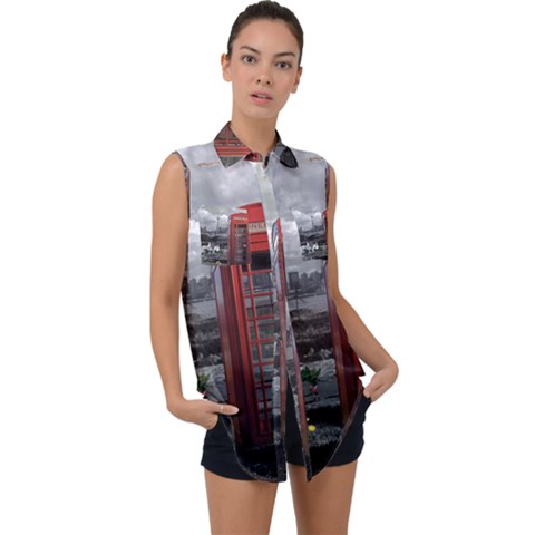 London Calling With Classic British Phonebooth - Bw & Color From Fonebook Sleeveless Chiffon Button Shirt by 2853937