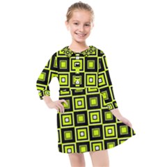 Green Pattern Square Squares Kids  Quarter Sleeve Shirt Dress by Dutashop