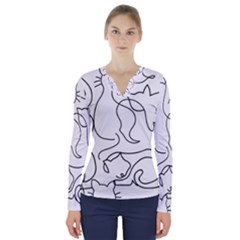 Cats Line Art  V-neck Long Sleeve Top by Sobalvarro