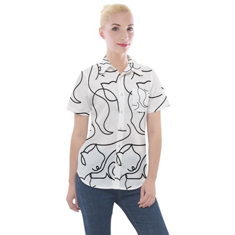 Cats Line Art  Women s Short Sleeve Pocket Shirt by Sobalvarro