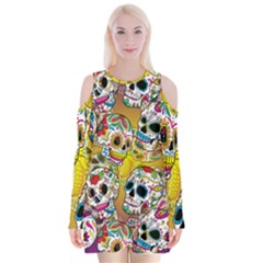 Sugar Skulls Velvet Long Sleeve Shoulder Cutout Dress by ExtraAwesomeSauce