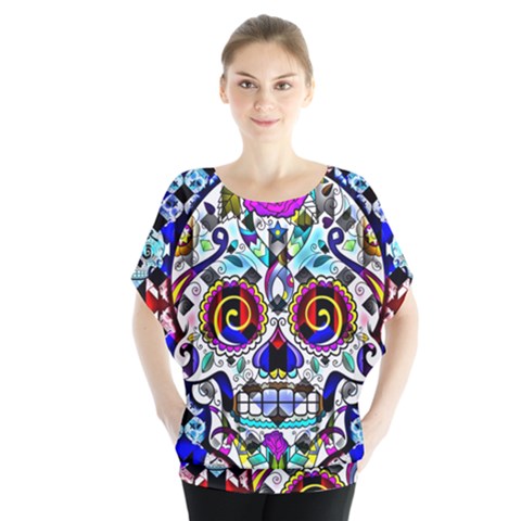 Sugar Skull Pattern 2 Batwing Chiffon Blouse by ExtraAwesomeSauce