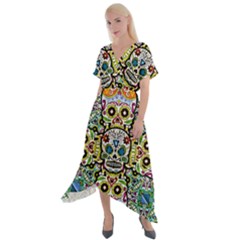 Sugar Skulls Pattern Cross Front Sharkbite Hem Maxi Dress by ExtraAwesomeSauce