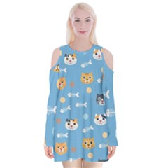 Cute Cat Pattern Velvet Long Sleeve Shoulder Cutout Dress by ExtraAwesomeSauce