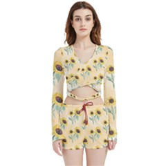 Sunflowers Pattern Velvet Wrap Crop Top And Shorts Set by ExtraAwesomeSauce