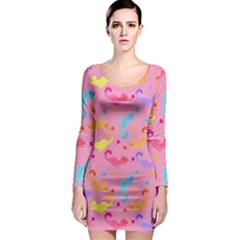 Watercolor Cats Pattern Long Sleeve Bodycon Dress by ExtraAwesomeSauce