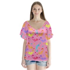 Watercolor Cats Pattern V-neck Flutter Sleeve Top by ExtraAwesomeSauce