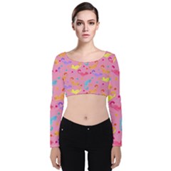 Watercolor Cats Pattern Velvet Long Sleeve Crop Top by ExtraAwesomeSauce