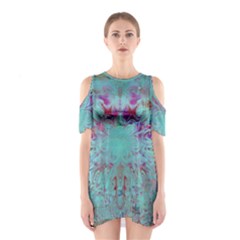 Retro Hippie Abstract Floral Blue Violet Shoulder Cutout One Piece Dress by CrypticFragmentsDesign