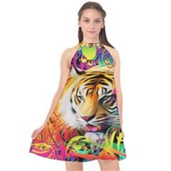 Tiger In The Jungle Halter Neckline Chiffon Dress  by icarusismartdesigns