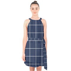 Blue Buffalo Plaid Halter Collar Waist Tie Chiffon Dress by goljakoff