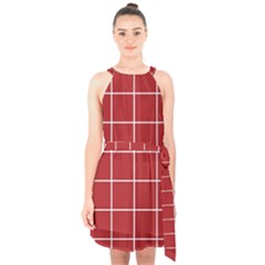 Red Buffalo Plaid Halter Collar Waist Tie Chiffon Dress by goljakoff