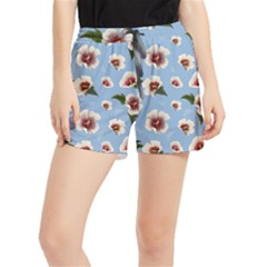 Delicate Hibiscus Flowers On A Blue Background Runner Shorts by SychEva