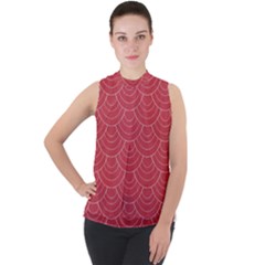 Red Sashiko Ornament Mock Neck Chiffon Sleeveless Top by goljakoff