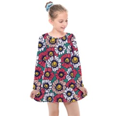 Daisy Colorfull Seamless Pattern Kids  Long Sleeve Dress by Kizuneko