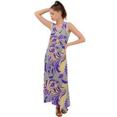 Folk Floral Pattern  Abstract Flowers Surface Design  Seamless Pattern V-neck Chiffon Maxi Dress by Eskimos