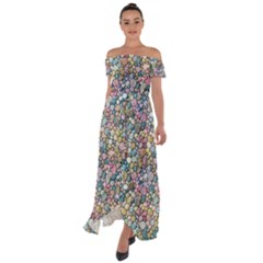 Multicolored Watercolor Stones Off Shoulder Open Front Chiffon Dress by SychEva