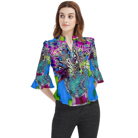 Exotic Flowers In Vase Loose Horn Sleeve Chiffon Blouse by LW323