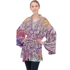 Mixed Media Leaves Long Sleeve Velvet Kimono  by kaleidomarblingart