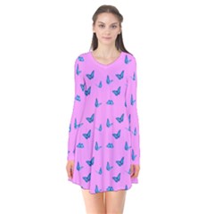 Blue Butterflies At Pastel Pink Color Background Long Sleeve V-neck Flare Dress by Casemiro