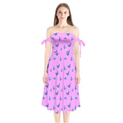 Blue Butterflies At Pastel Pink Color Background Shoulder Tie Bardot Midi Dress by Casemiro