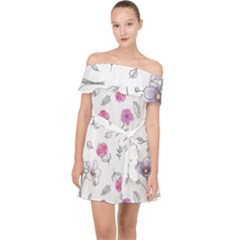 Flowers In One Line Off Shoulder Chiffon Dress by SychEva