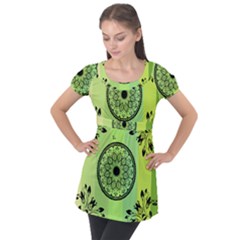 Green Grid Cute Flower Mandala Puff Sleeve Tunic Top by Magicworlddreamarts1