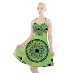 Green Grid Cute Flower Mandala Halter Party Swing Dress  by Magicworlddreamarts1