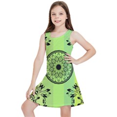 Green Grid Cute Flower Mandala Kids  Lightweight Sleeveless Dress by Magicworlddreamarts1