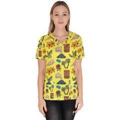 Tropical Island Tiki Parrots, Mask And Palm Trees Women s V-neck Scrub Top by DinzDas