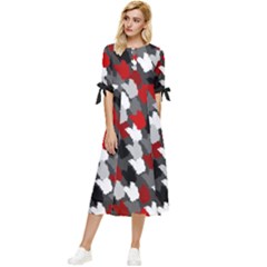 Abstract Paint Splashes, Mixed Colors, Black, Red, White Bow Sleeve Chiffon Midi Dress by Casemiro