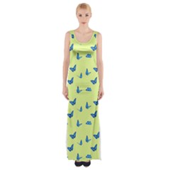 Blue Butterflies At Lemon Yellow, Nature Themed Pattern Thigh Split Maxi Dress by Casemiro