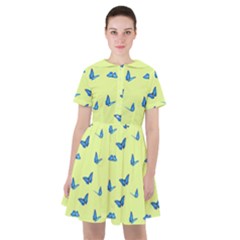 Blue Butterflies At Lemon Yellow, Nature Themed Pattern Sailor Dress by Casemiro