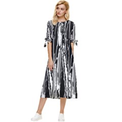 Black And White Abstract Linear Print Bow Sleeve Chiffon Midi Dress by dflcprintsclothing