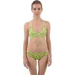 Vector Fruits Pattern, Pastel Colors, Yellow Background Wrap Around Bikini Set by Casemiro