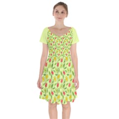 Vector Fruits Pattern, Pastel Colors, Yellow Background Short Sleeve Bardot Dress by Casemiro