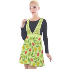 Vector Fruits Pattern, Pastel Colors, Yellow Background Plunge Pinafore Velour Dress by Casemiro